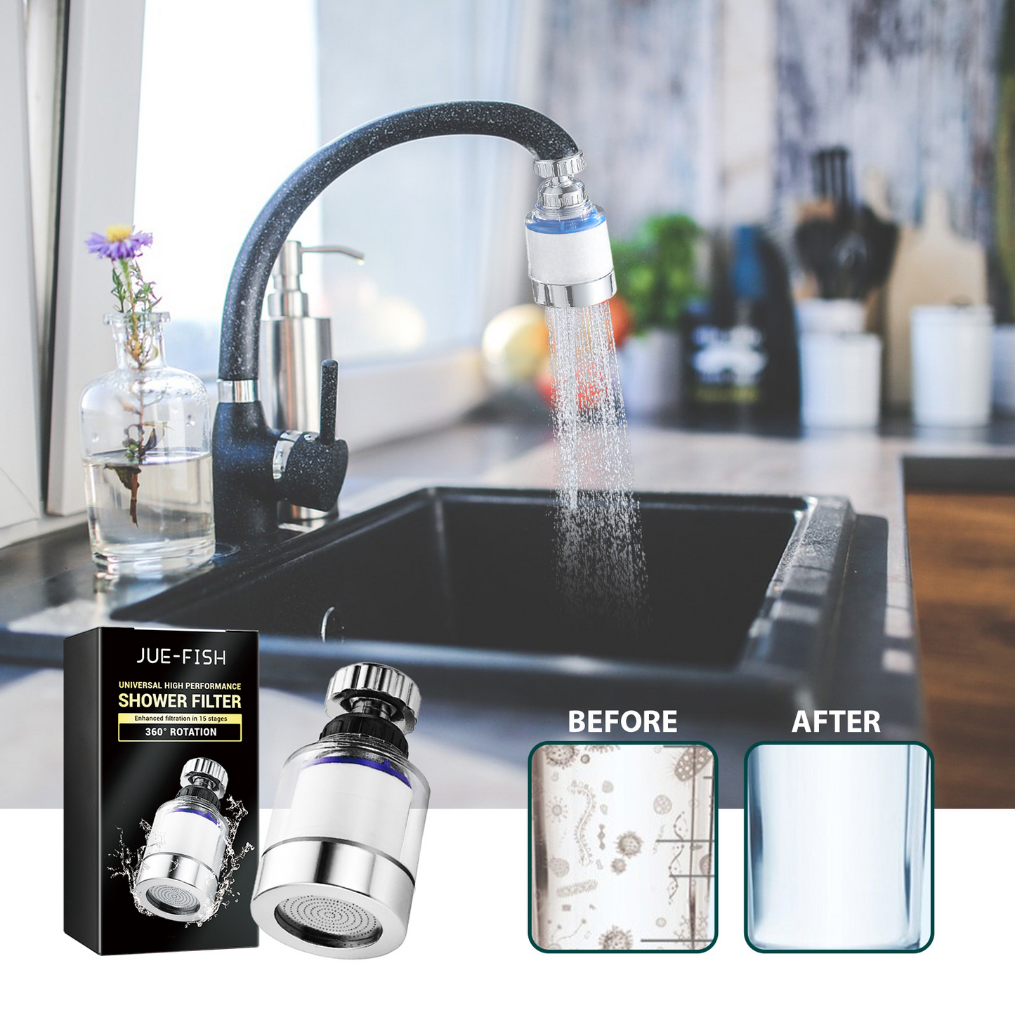 360-Degree Rotating Faucet Water Purifier Filter for Kitchen, Bathroom, and Sink, Removes Heavy Metals and Hard Water