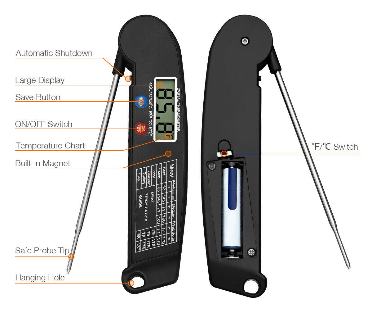 Digital Meat Thermometer - Instant Read for Kitchen, Oven, Grill, Smoker, and BBQ Accessories