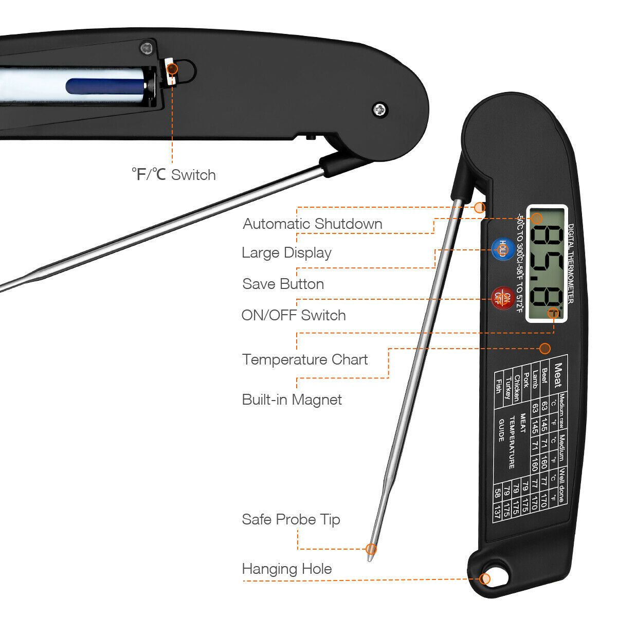 Digital Meat Thermometer - Instant Read for Kitchen, Oven, Grill, Smoker, and BBQ Accessories